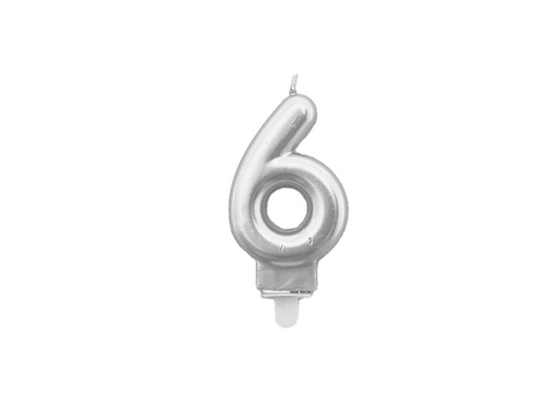 Silver metallic number candle - 6 - 1 piece.