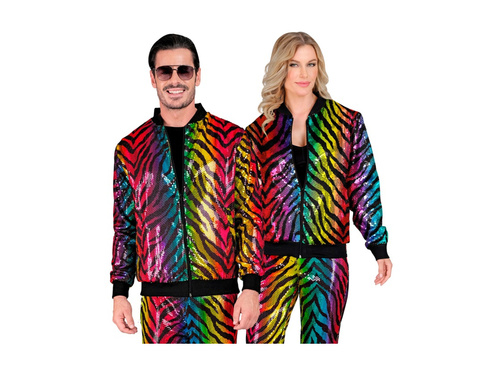 Imprezowa cekinowa kurtka - bomberka - tęczowy motyw tygrysa