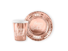 Zestaw kubeczki + talerzyki papierowe na urodziny Happy Birthday różowe złoto - 12 szt.