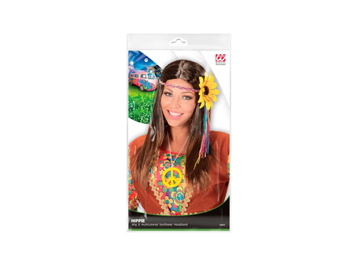 Brązowa peruka hippie z wielokolorową opaską z motywem słonecznika