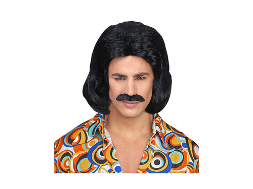 Czarna peruka Dandy z lat 70. z wąsami