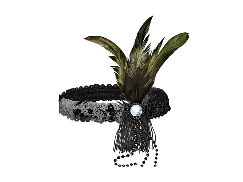 Czarna cekinowa opaska z piórem i perłami