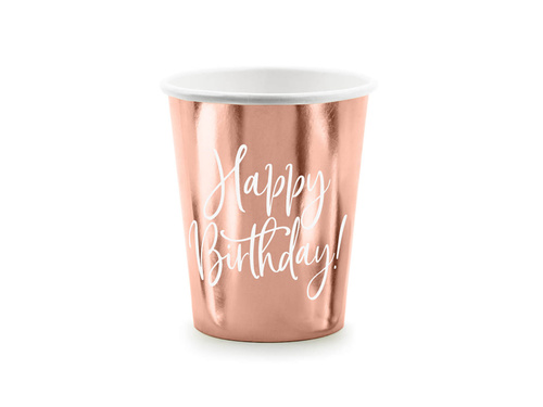 Kubeczki papierowe Happy Birthday różowe złoto - 260 ml - 6 szt.