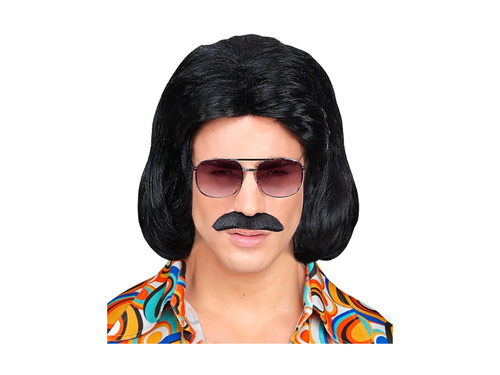 Czarna peruka Dandy z lat 70. z wąsami