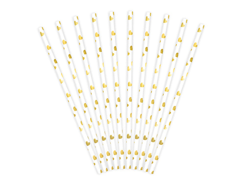 Paper tube straws golden hearts - 19,5 cm - 10 pcs.