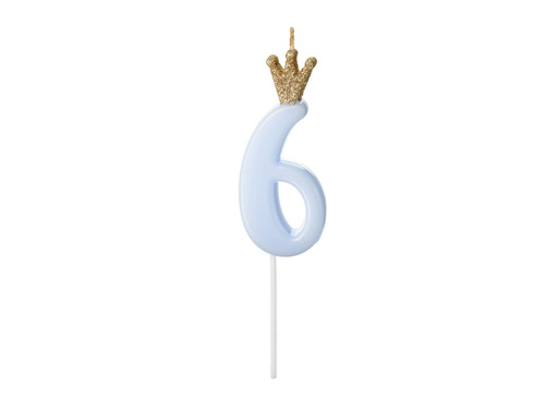 Number six candle blue with crown - 6 - 1 piece.