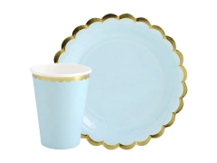 Zestaw kubeczki + talerzyki papierowe w kolorze błękitnym ze złotem - 24 szt.