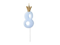 Candle number eight blue with crown - 8 - 1 piece.