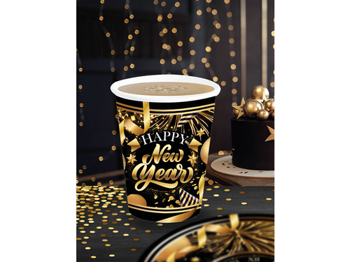 Kubeczki papierowe na Sylwestra Happy New Year czarne - 240 ml - 6 szt.