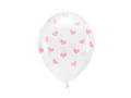 Transparent latex balloons with pink hearts - 33 cm - 6 pcs.