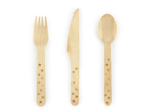 Wooden cutlery Stars, gold - 16 cm - 18 pcs.