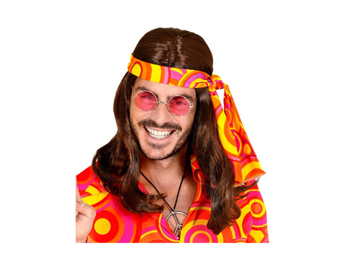 Brązowa peruka Disco Fever Hipis z lat 70. z opaską