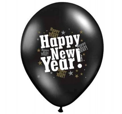 Balony czarne z nadrukiem Happy New Year na sylwestra - 37 cm - 6 szt.