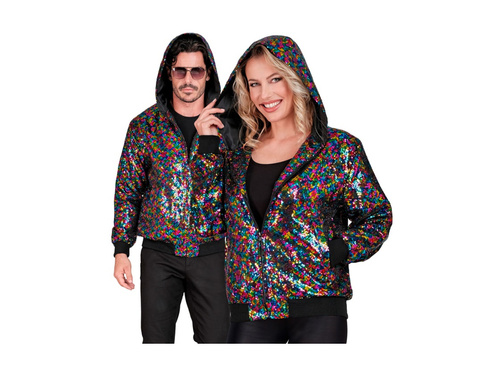 Imprezowa cekinowa kurtka - bomberka z kapturem - multikolor
