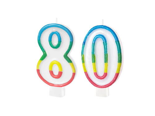 Świeczki cyferki z kolorową obwódką cyfra 80 - 8,5 cm - 2 szt.