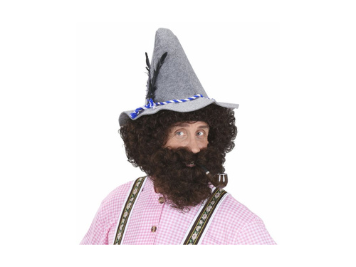 Brązowa kręcona peruka jaskiniowca z brodą