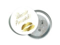 White pin with gold lettering and lips for Ladies' Night Out