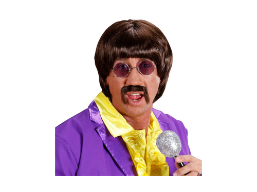 Brązowa peruka wokalista z lat 60. z wąsami i okularami