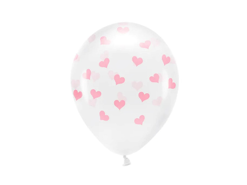 Transparent latex balloons with pink hearts - 33 cm - 6 pcs.