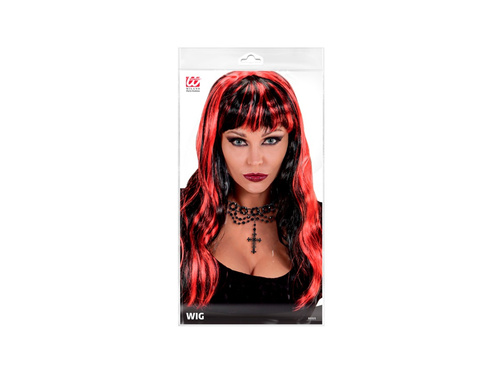 Czarna peruka Halloween z czerwonymi pasemkami