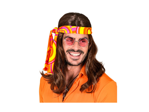 Brązowa peruka Disco Fever Hipis z lat 70. z opaską