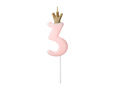 Candle number three light pink with crown - 3 - 1 piece.