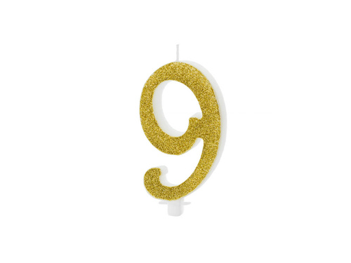 Number candle with gold glitter - 9 - 1 pc.