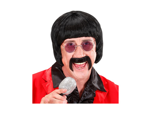 Czarna peruka Music Man z lat 60. z wąsami i okularami