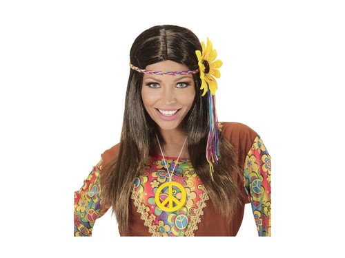 Brązowa peruka hippie z wielokolorową opaską z motywem słonecznika