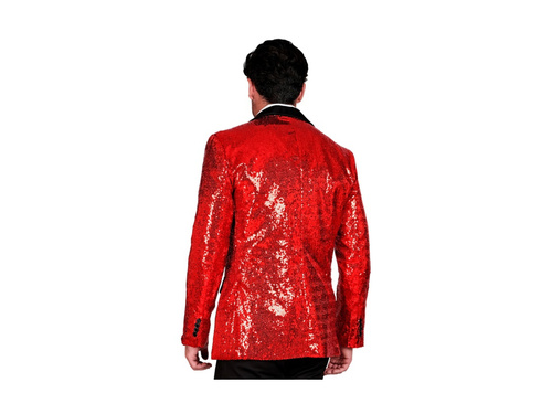 Imprezowa marynarka Party Fashion - czerwona cekinowa z satynowym kołnierzem i kieszeniami