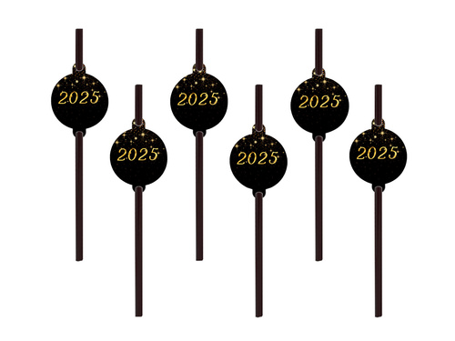 Sparkling Happy New Year black straws - 6 pcs.