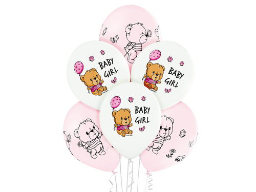 Balony lateksowe Baby Girl z misiem - 30 cm - 6 szt.