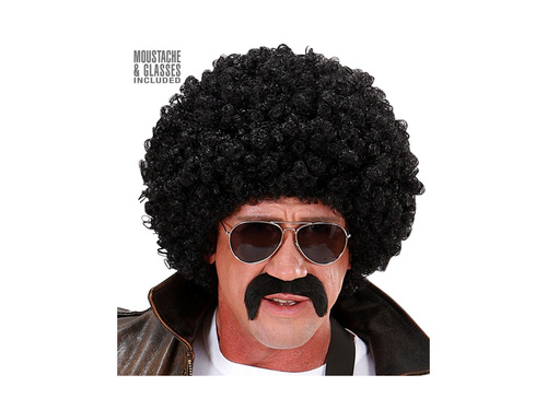 Czarna kręcona peruka agent z wąsami i okularami przeciwsłonecznymi