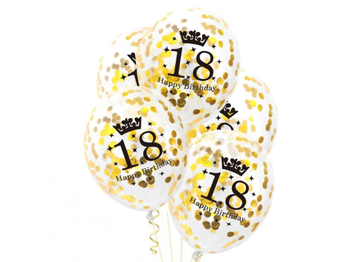 Balony przezroczyste ze złotym konfetti na osiemnastkę - 30 cm - 5 szt