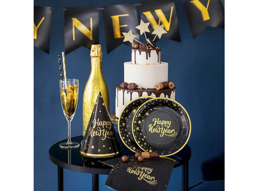 Talerzyki papierowe na Sylwestra Nowy Rok Happy New Year czarne - 18 cm - 6 szt.
