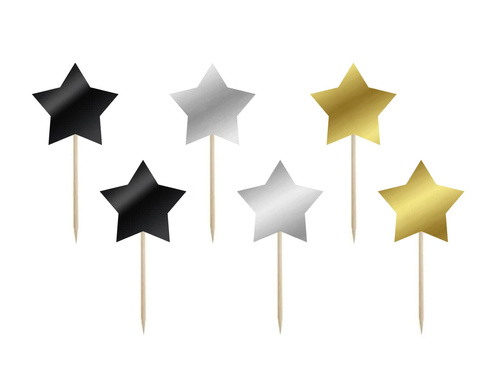 Black, gold and silver star pickers - 7 cm - 6 pcs.