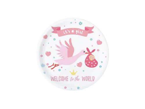 Talerzyki papierowe na Baby Shower Bocian różowe - 18 cm - 6 szt.