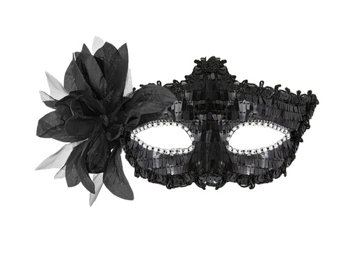 Maska karnawałowa cekinowa z kwiatem - czarna - 1 szt.