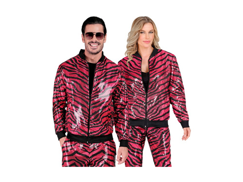 Różowa Imprezowa cekinowa kurtka - bomberka - zebra animal print
