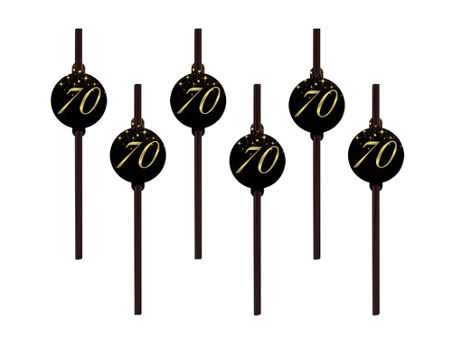 Sparkling black straws for seventieth birthday - 6 pcs.