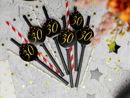 Sparkling black straws for thirtieth birthday - 6 pcs.