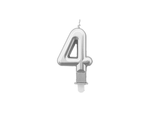 Silver metallic number candle - 4 - 1 piece.