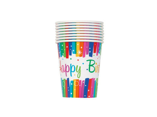 Kubeczki papierowe na urodziny Rainbow Happy Birthday - 266 ml - 8 szt.