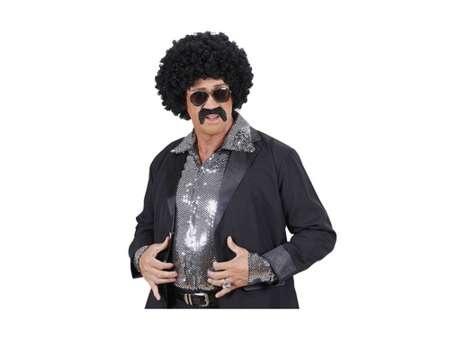 Czarna kręcona peruka agent z wąsami i okularami przeciwsłonecznymi