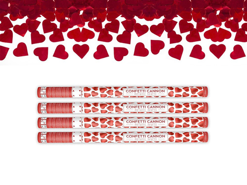Confetti cannon with hearts, red, 80cm, 4 pc
