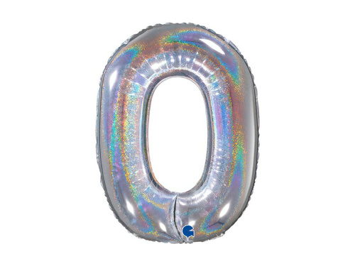 Balon foliowy cyfra 0 brokatowy holograficzny srebrny - 26" - 1 szt.