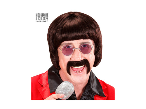 Brązowa peruka wokalista z lat 60. z wąsami i okularami