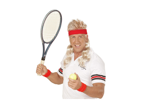 Czerwona opaska sportowa z blond kręconymi włosami