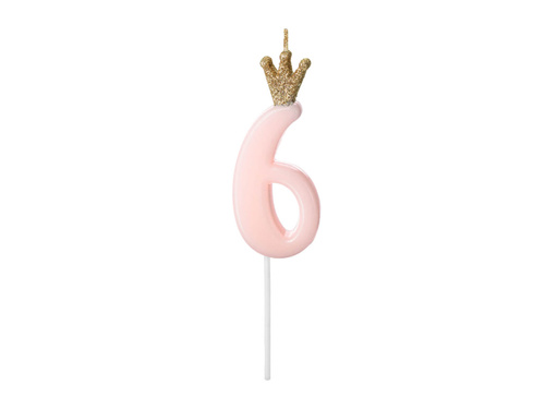 Number six candle light pink with crown - 6 - 1 piece.