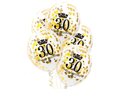 Transparent balloons with gold confetti for thirtieth anniversary - 30 cm - 100 pcs